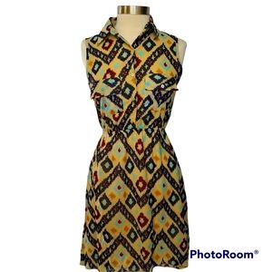 Indulge Go Go Apparels Women's Sleeveless Dress Size MEDIUM Blue Cream Geometric